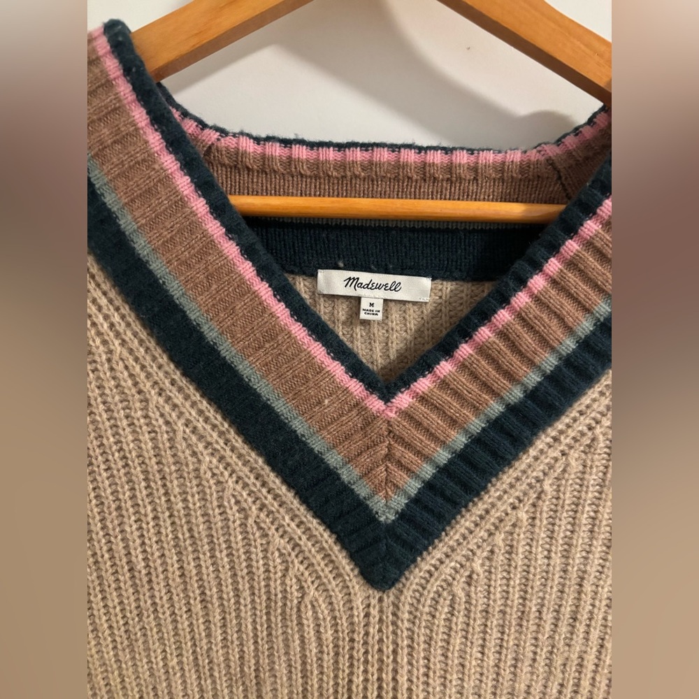 MADEWELL Tipped Forrest V-Neck Sweater Heather Birch Wool Knit Size Medium - Picture 6 of 9
